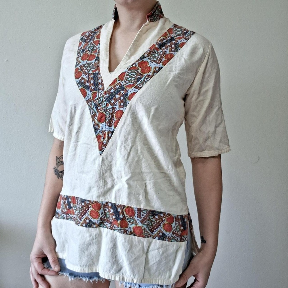 Vintage 70s Cream Cotton Tunic Top Floral Trim Medium